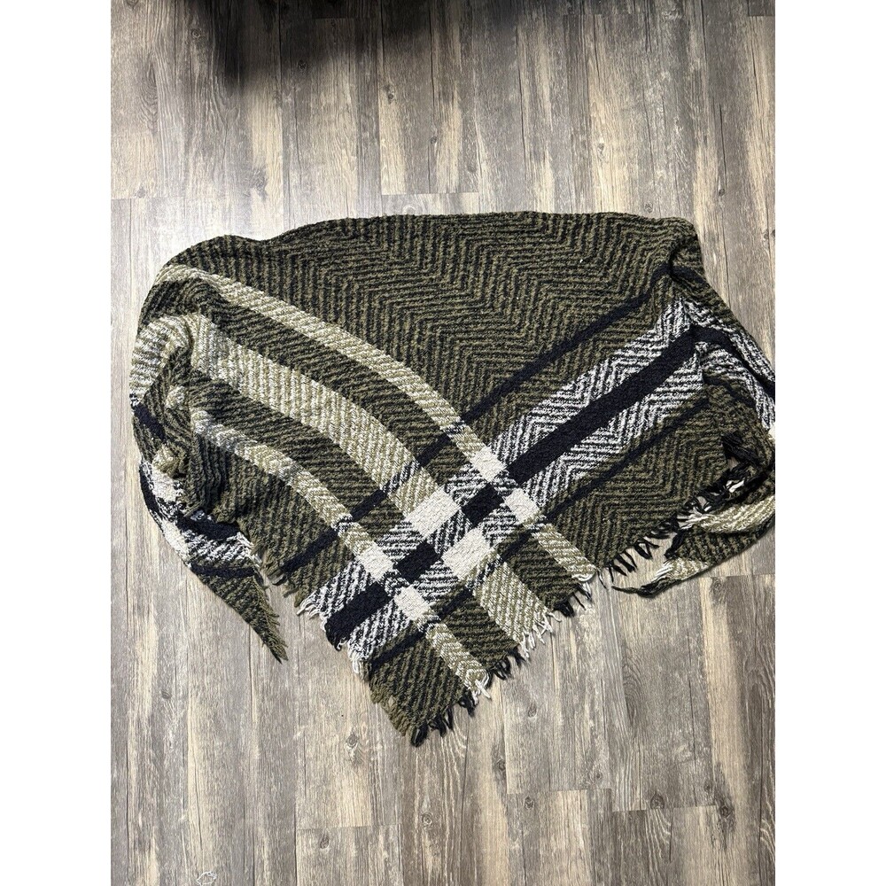 Oversized Plaid Blanket Scarf Triangle Shawl Wrap Olive Fringe Cozy Fall Winter